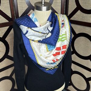Magnificent Scarf 100% Silk Navy Blue Border and Cream/red/gold nautical print.